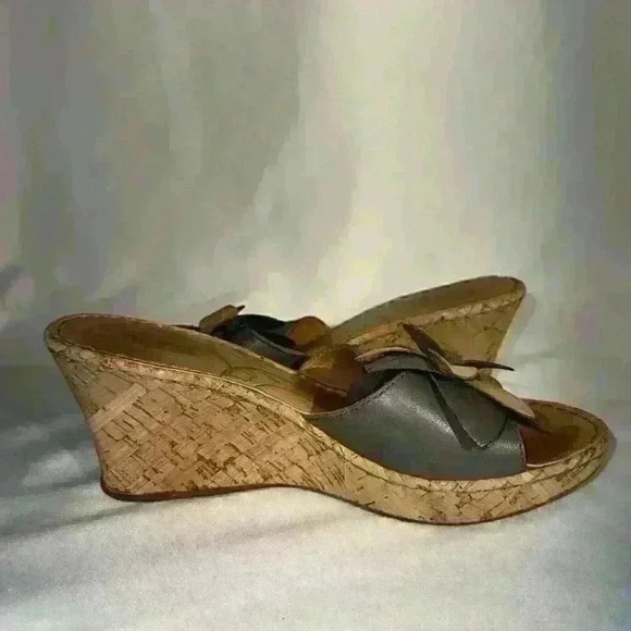Born B08104 Flower Brown Leather Slip On Cork Wedge Slide Sandals Women's Size 8 - Picture 12 of 12